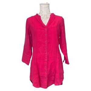 Y2K Hot Pink Linen Tunic Button Down Pintuck Band Collar S
